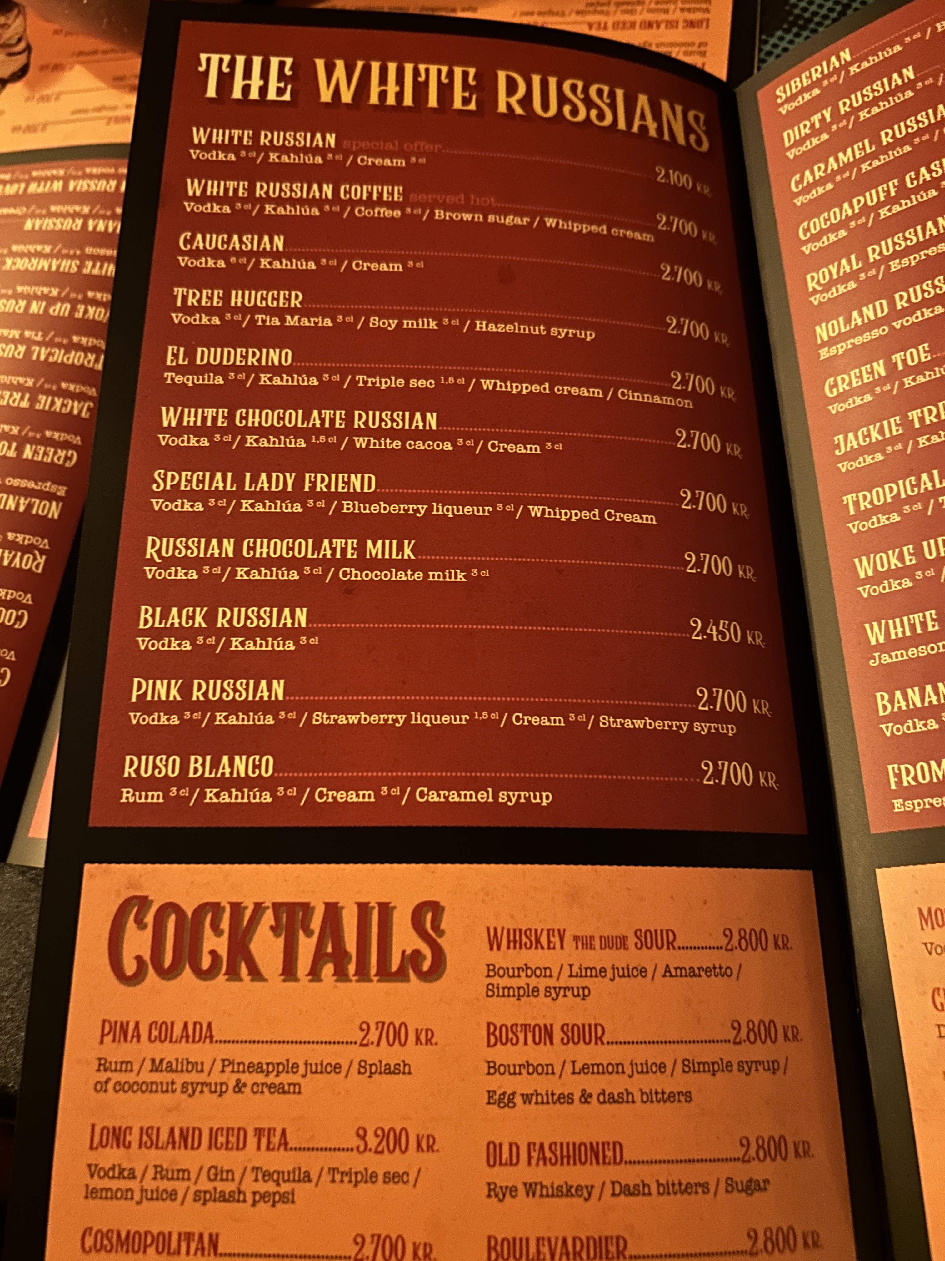The menu at Lebowski Bar, Reykjavik