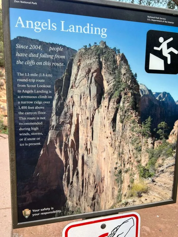 A sign warns of the danger of falling from Angels Landing in Zion National Park.