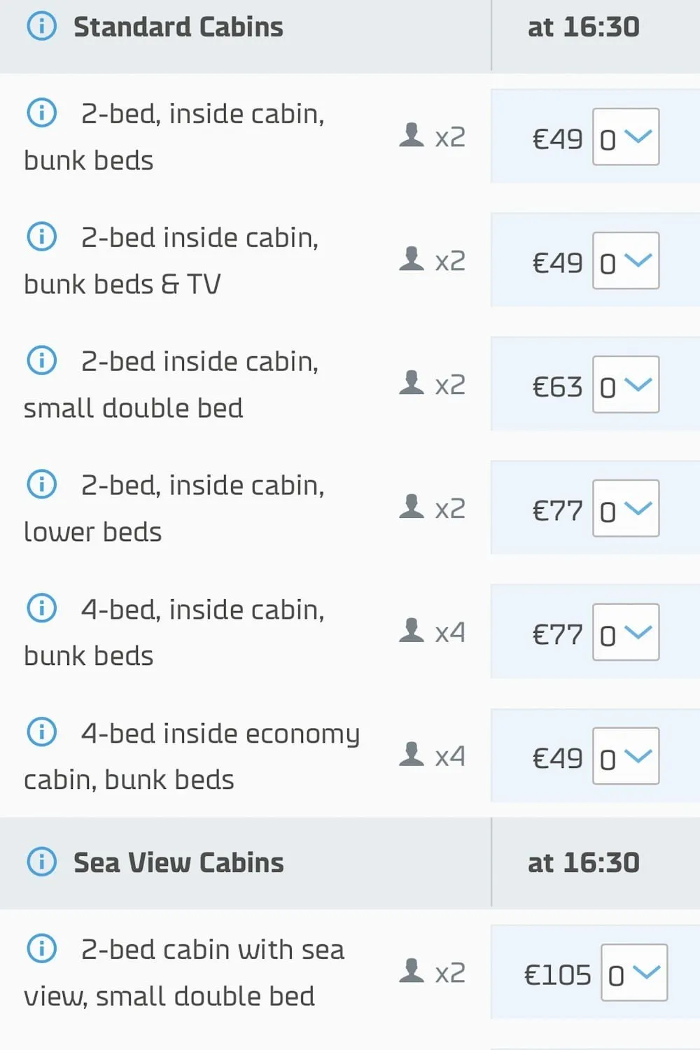 a screenshot of the booking screen from DFDS, a ferry company, for a trip from Copenhagen to Oslo, showing cabin prices ranging from 49 Euros to 105 Euros.