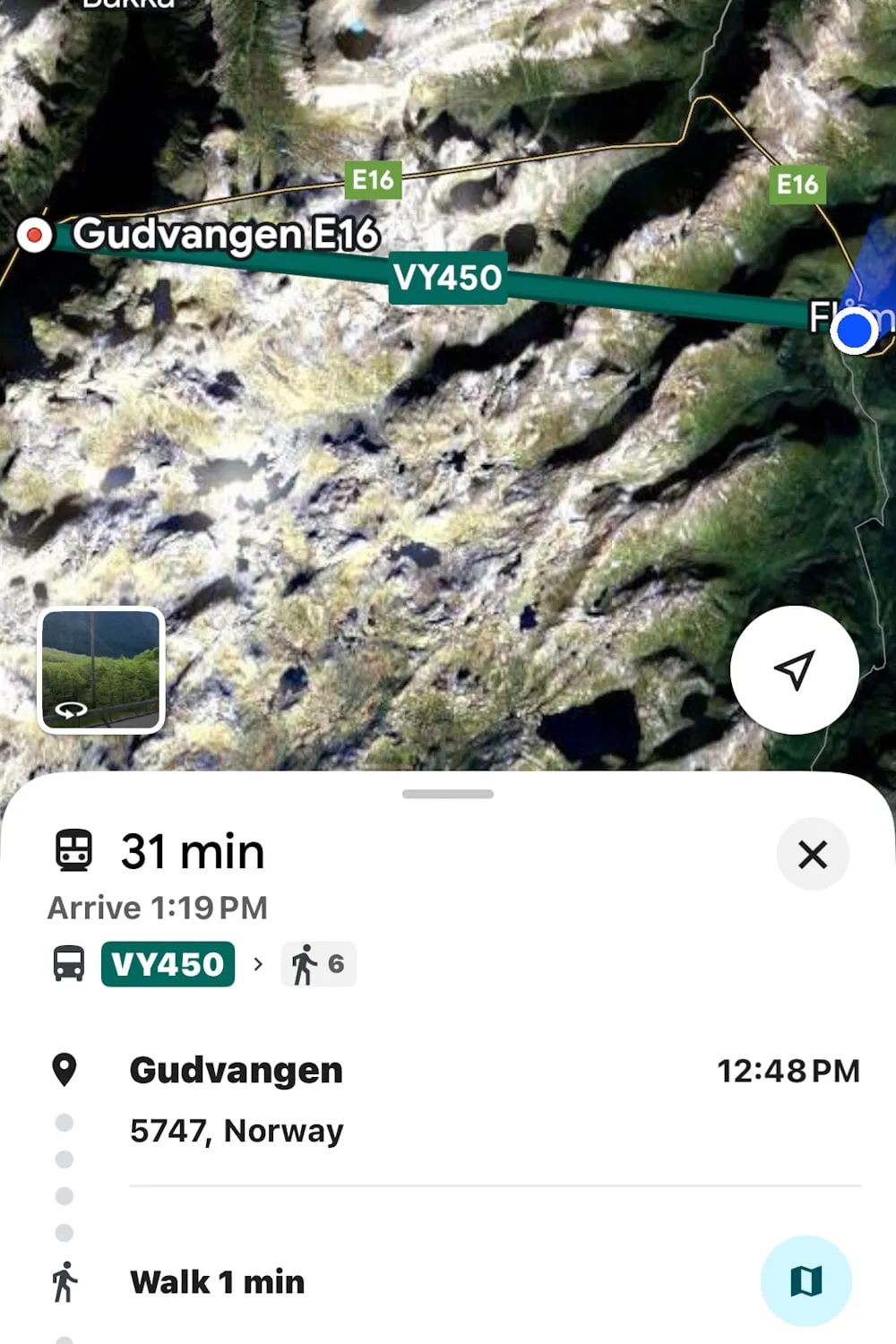 A map shows the bus route from Gudvangen to Flam, Norway