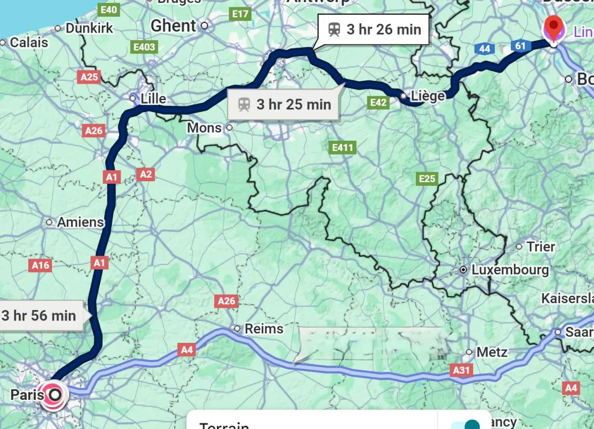 A map showing a train route from Paris to Cologne.