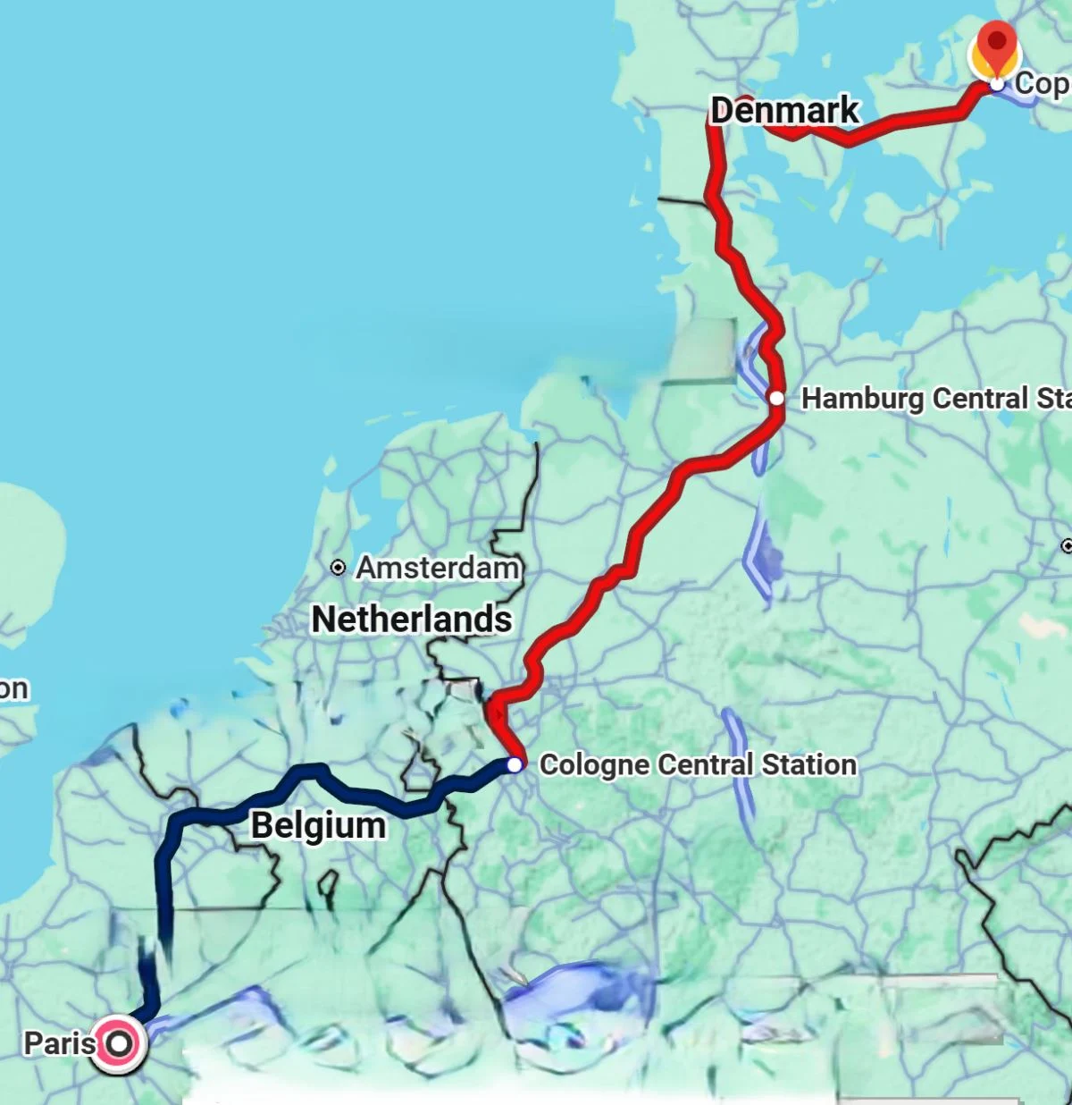 A map showing a train route from Paris to Copenhagen.