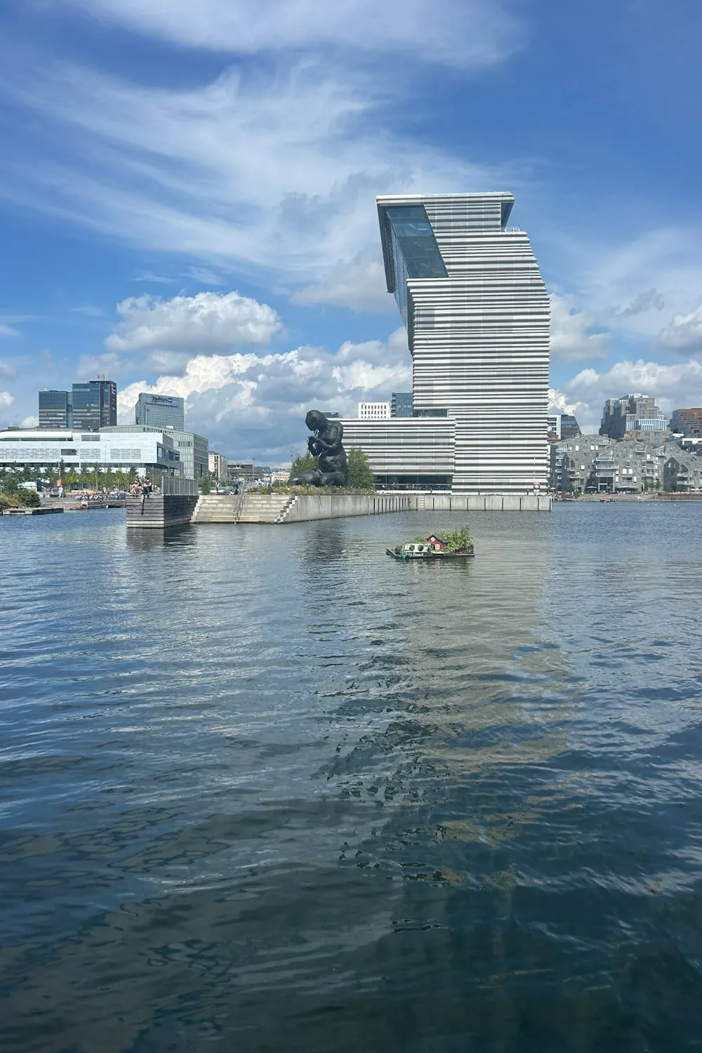 Modern Munch Museum architecture in Oslo Norway with waterfront view and sculpture